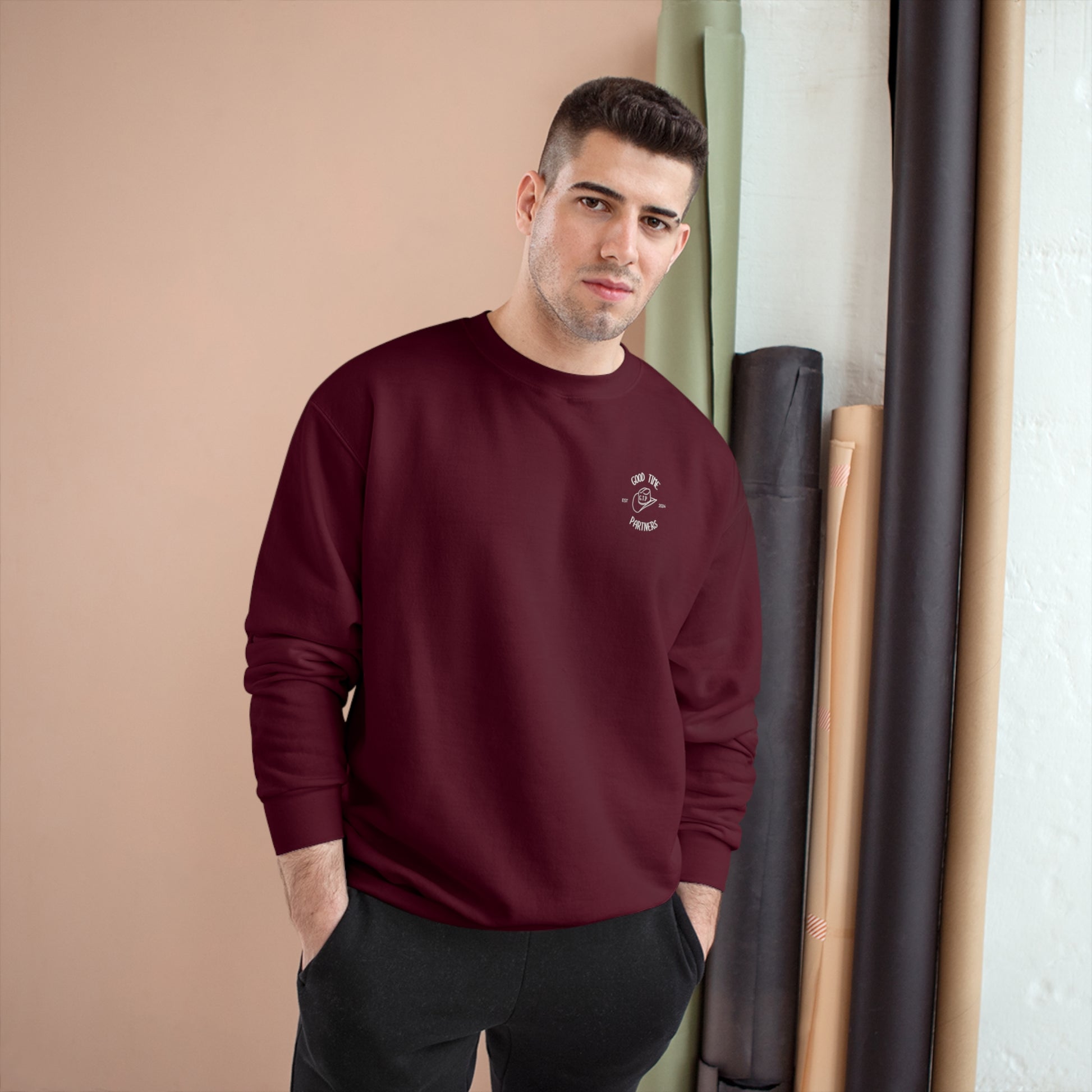 front of maroon comfy skeleton crewneck