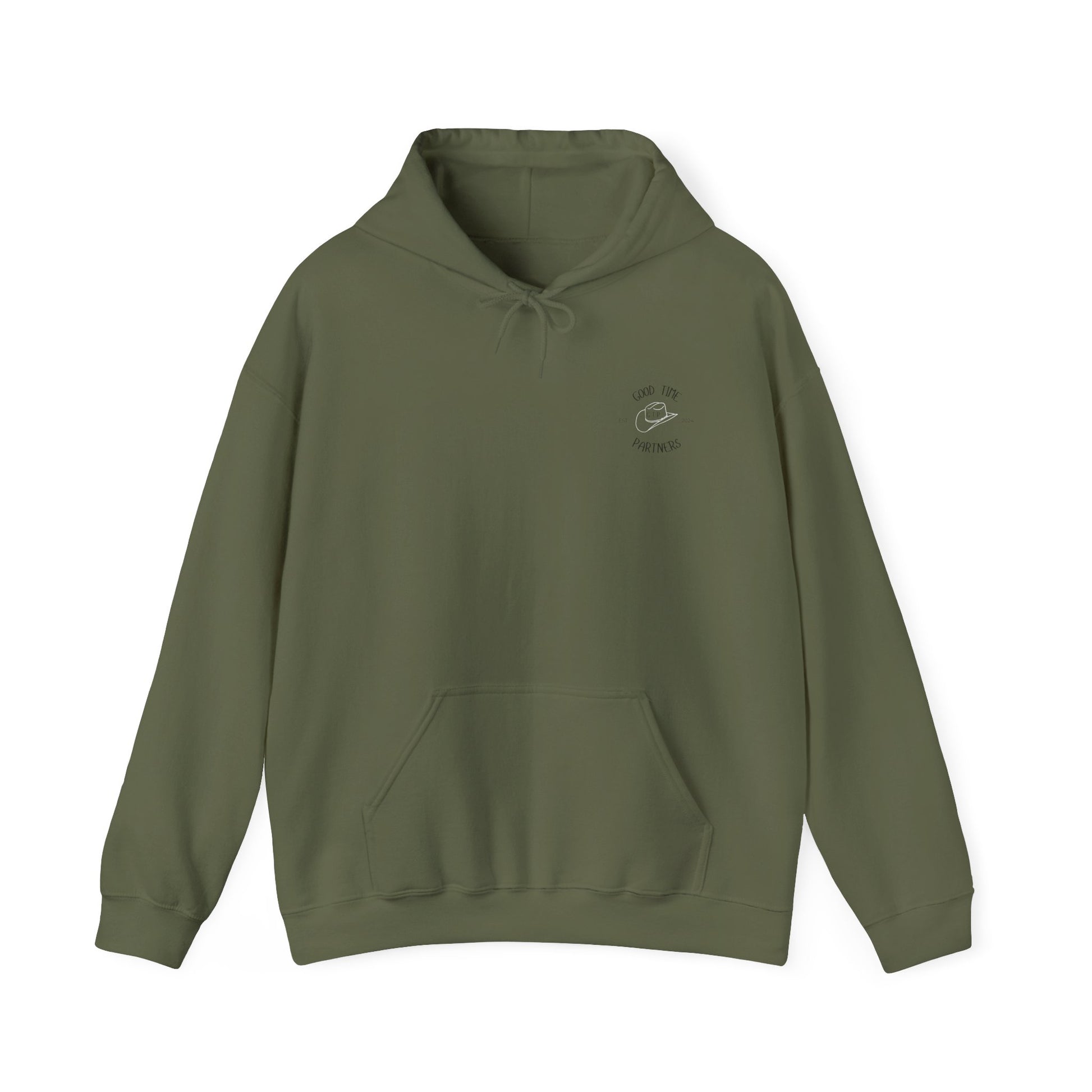 Good Time Partners logo on a olive green hoodie